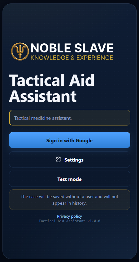 Екран входу до тестового прототипу Tactical Aid Assistant